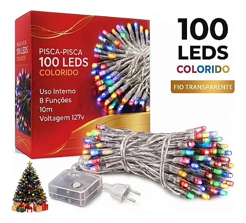 Pisca Pisca Fio Transparente 100 Lâmpadas Led 127v 10m Colorido 8 Funções