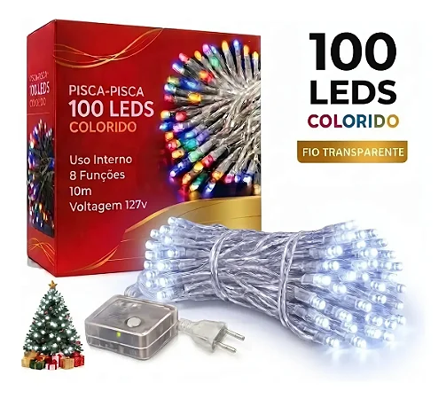 Pisca Fio Transparente 100 Lâmpadas 8 F Led 127v 10m Branco Frio Natal