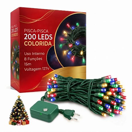 Pisca Colorido Fio Verde 200 Lâmpadas 8 Funções Led 127v 15m