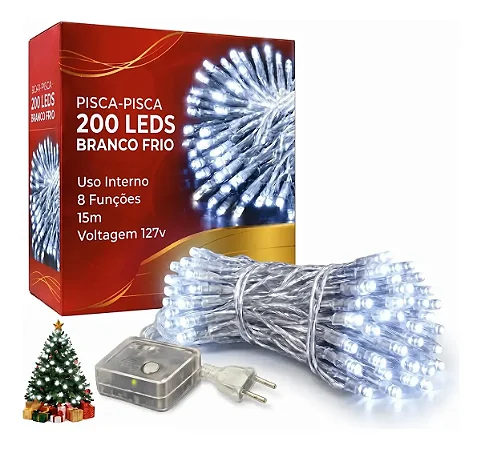 Pisca Branco Fio Transparente 200 Lâmpadas 8 Funções Led 127v 15m