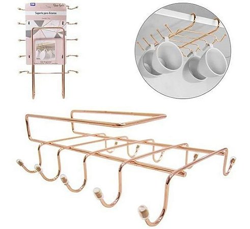 Suporte Organizador Para 10 Xícaras Aramado Rose Gold 28x19x8cm FWB