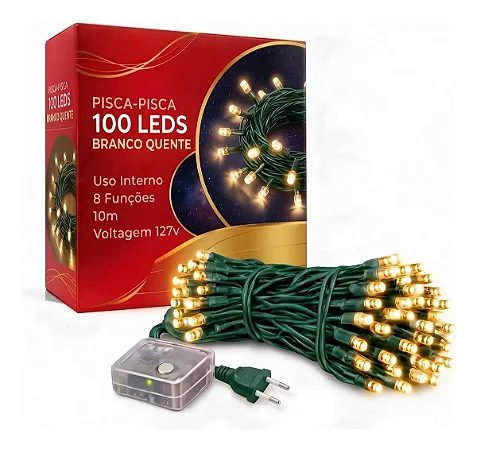 Pisca Cordão 100 Lâmpadas 127 Led 8 Funções 10m Cor Amarelo Warm Branco Quente