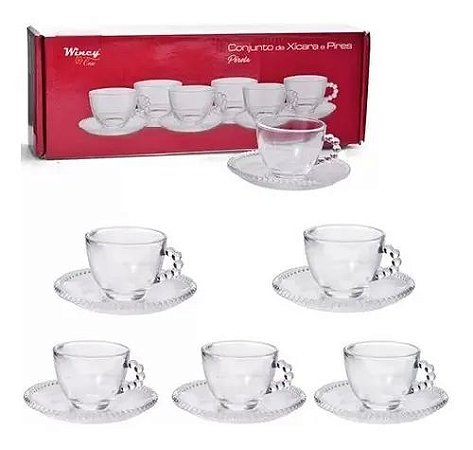 Conjunto De Xicaras E Pires 12 Peças 90 Ml Vidro Linha Perola Wincy Bolinha