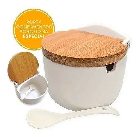 Porta Condimento Açucareio Saleiro Com Tampa Multiuso Porcelana Colher