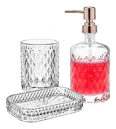 Kit Banheiro Sabonete Líquido Copo Vidro Diamond Hauskraft