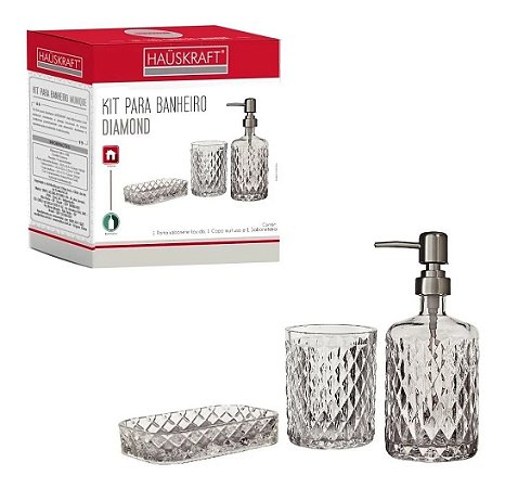 Kit Banheiro Sabonete Líquido Copo Vidro Diamond Hauskraft PSL-033TR