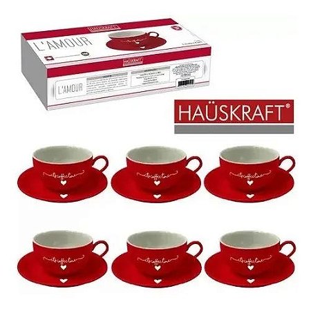 Jogo De Xícaras Para Chá Café Grande 160 Ml 12 Peças Fina Porcelana Hauskraft  Cor Vermelho