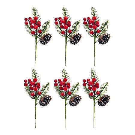 Kit 6 Flor Cerejinha Bolinha Vermelha Enfeite De Natal 25 Cm