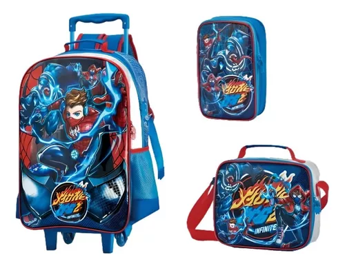 Kit Mochila Escolar Rodinha Aranha + Lancheira Estojo Box Cor Vermelho