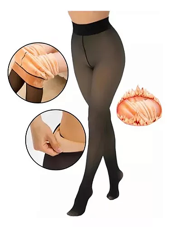 Meia Calça Legging Translúcida Preta Flanelada Cintura Alta
