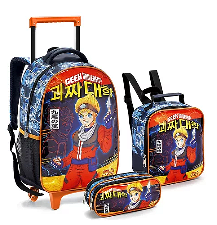 Kit Mochila Rodinha Ninja Geek Lancheira Estojo Menino Cor Azul Desenho Do Tecido Geek University