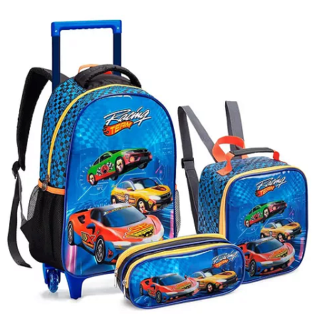 Kit Mochila Rodinha Lancheira + Estojo Carros Racing Team