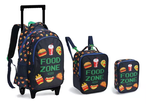 Kit Mochila Escolar Rodinha Food Zone Lancheira + Estojo