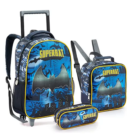 Kit Mochila Rodinha Man Super Bat Lancheira + Estojo Menino