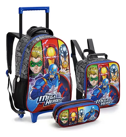 Kit Mochila Rodinha Mega Heroes Lancheira Estojo Menino