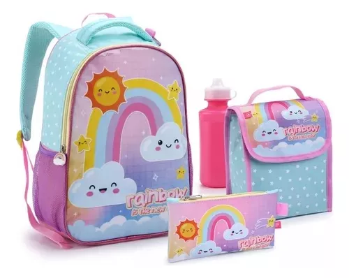 Mochila Escolar Rainbow Arco Iris Lancheira Estojo Garrafa