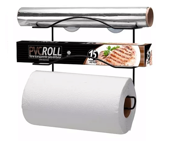 Suporte Preto Parede 3 Rolos Papel Toalha Cook Home Black