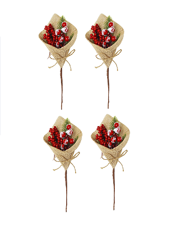 Kit 4 Pick Natalino Flor Natal Azevinho Vermelho Juta 26cm