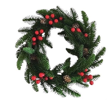 Guirlanda De Natal Para Porta Decorada Com Cereja Pinha 35 Cm