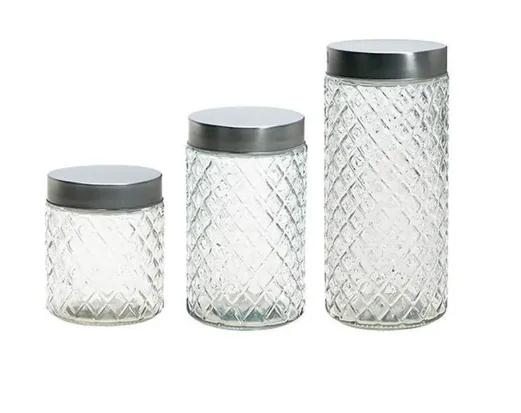 Kit 3 Potes De Vidro Diamond Com Tampa De Inox Moderno Splendo
