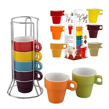 Jogo Com 4 Xícaras De Café 210 ml Coloridas Com Suporte