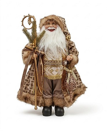 Papai Noel Com Cajado Dourado Marrom Guizo 30 Cm Luxo Natal