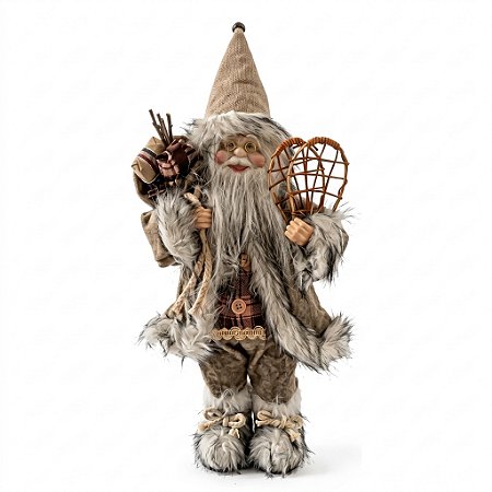 Papai Noel Boneco Com Saco Nas Costas Marrom Rústico 30cm
