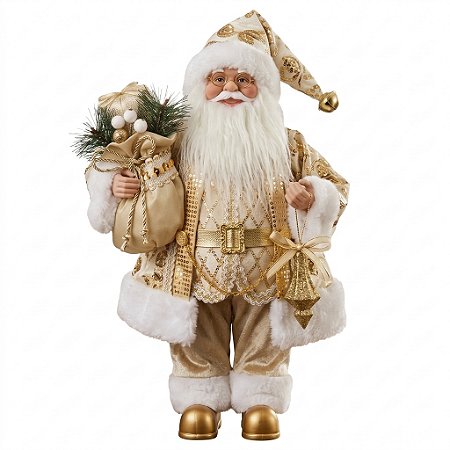 Papai Noel Boneco Luxo 30cm Com Saco Guizo Paetê Dourado