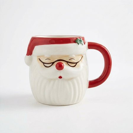 Caneca Porcelana Natal Enfeite Presente Papai Noel 330 Ml Branco Vermelho Noel De Oculos