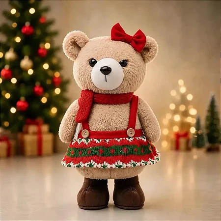 Urso De Pelúcia Fêmea Natalino 40cm Enfeite Boneco Natal Cachecol