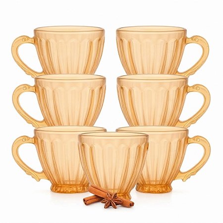 Conjunto 6 Xícaras De Vidro Âmbar 200ml Com Alça Café Chá Âmbar