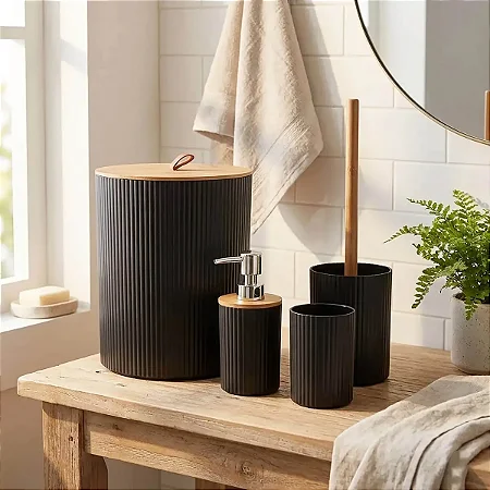 Kit Lixeira De Banheiro Com Dispenser E Escova Bambu 4 Peças