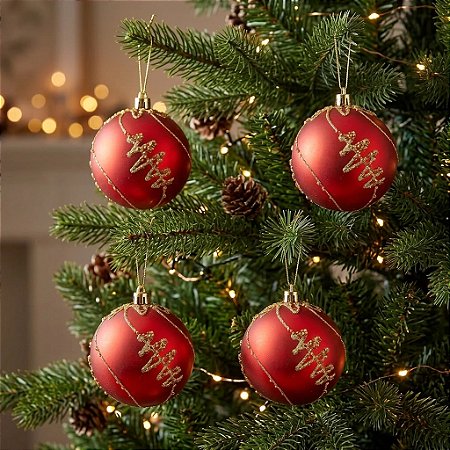 Kit Com 4 Bolas Glitter Decorada Enfeite De Natal 8cm