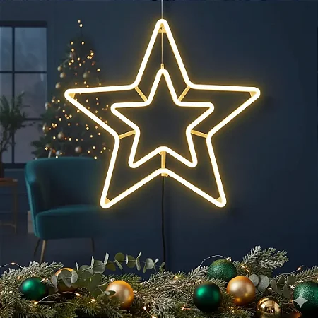 Estrela Neon Grande Não Pisca Branco Quente 58cm 127v 58cm