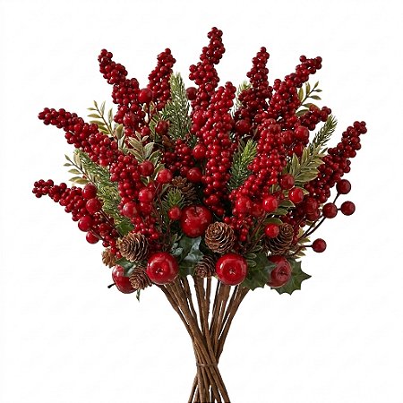 Kit Com 6 Flor De Natal Cerejinha Maça, Azevinho 27cm