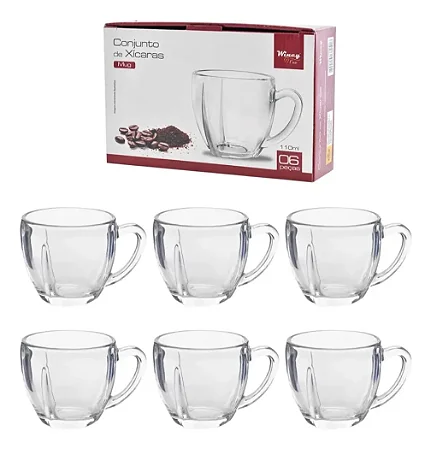 Conjunto 6 Xícaras Transparente Vidro 110ml Design Moderno