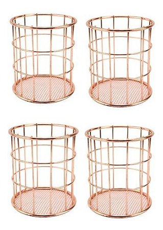 Kit Com 4 Porta Treco Pincel Talher Lápis Em Metal Rose Gold