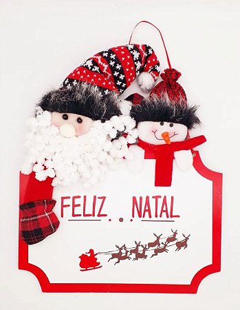 Placa Decorativa Pendente Madeira Lã Para Porta Enfeite Natal