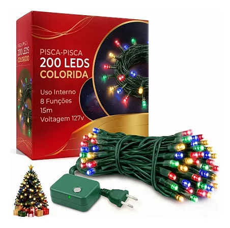 Pisca Pisca Cordão 200 Lâmpadas Colorida 127v Led 8 Funções 15m