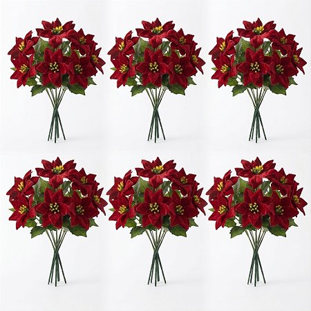 Kit 6 Buquês Flor De Natal Vermelho Bico De Papagaio 30 Cm