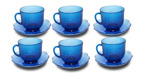 Jogo Com 6 Xícaras De Vidro E Pires 200ml Café Chá  Azul