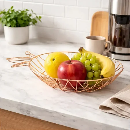 Fruteira De Mesa Aramado Abacaxi Metalizado Rose Gold