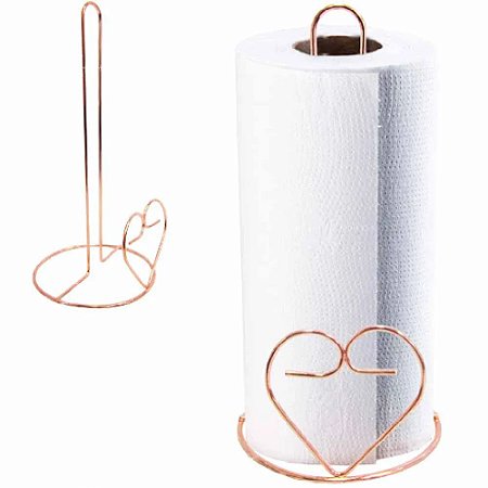 Porta Rolo De Mesa Papel Toalha Coração Rose Gold Metal