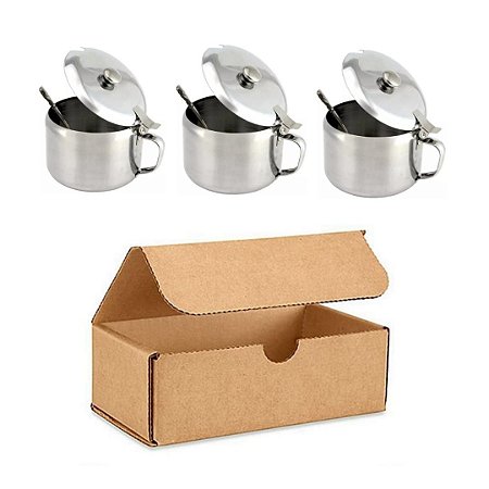 Kit Com 3 Açucareiro Em Aço Inox Com Colher 250 Ml
