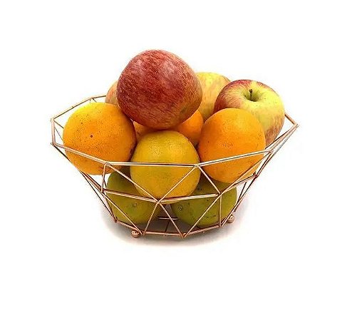 Fruteira Cesta De Metal Modelo Geométrico Rose Gold Aramada De Mesa 25 Cm