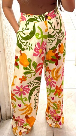 Calça Pantalona Flores Caju
