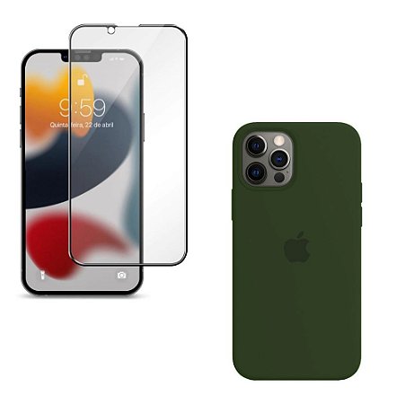 Kit Capa Aveludada iPhone 12 Pro Max Verde Esc e Película 3D