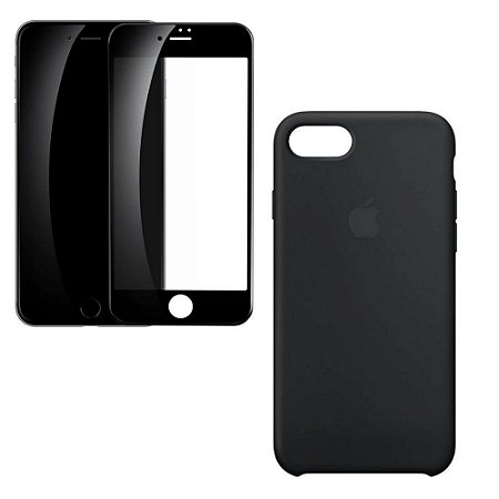 Kit Capa Aveludada iPhone 7 e 8 Preta e Película 3D Full