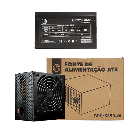 FONTE ATX 500W BRAZILPC BPC/5350B-M 12X12CM 24 PINOS COM CABO PRETO BOX (FONTE PRETA, FAN 12CM/CX PARDA)