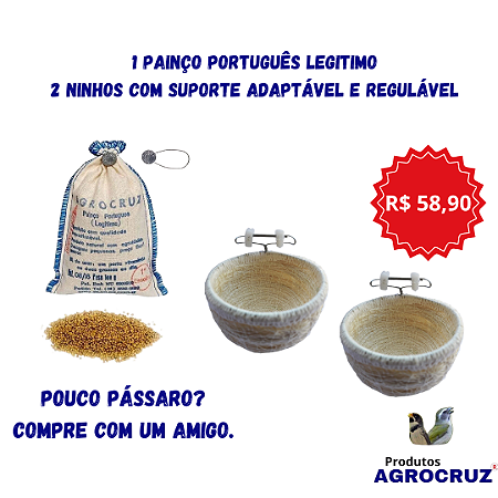 1 Painço Português para esquentar pássaros + 2 ninhos com suporte adaptável e regulável